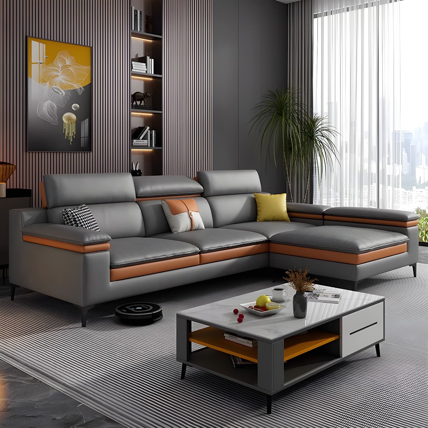 Modern Gray Tech Cloth Sectional Sofa with Adjustable Headrest - image 4