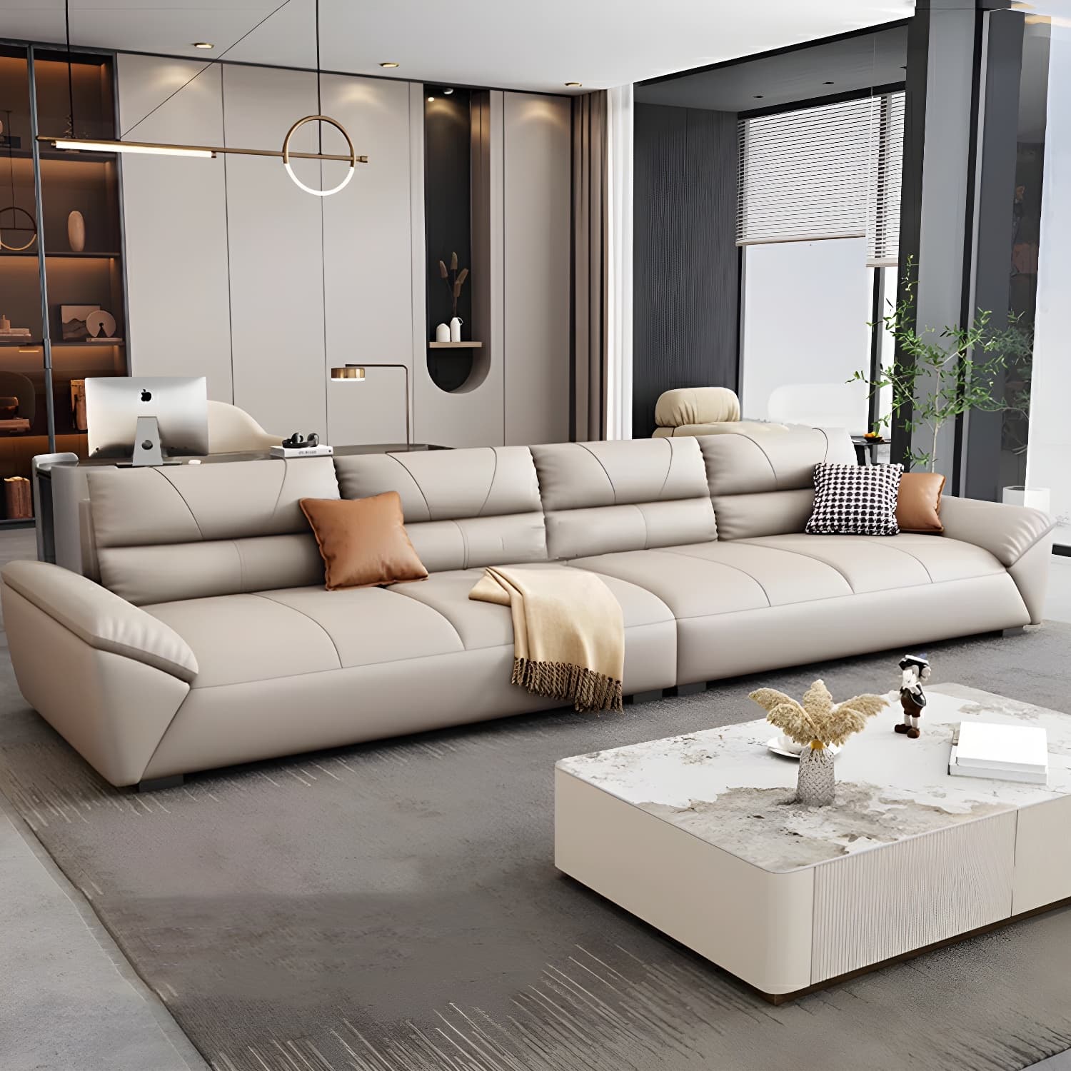 Modern Beige Cotton Stationary Sectional Sofa with Pillow Top Arm - image 4