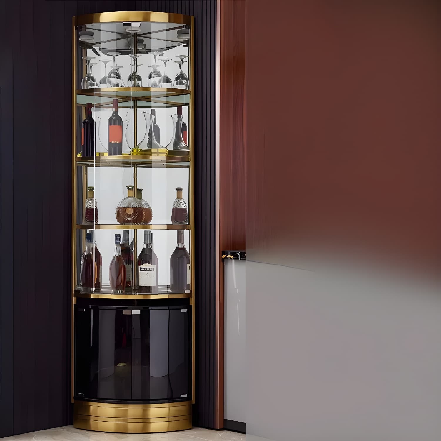 Corner Modern Accent Cabinet with Wood Counter Top, Glass Doors, and Metal Base - image 13