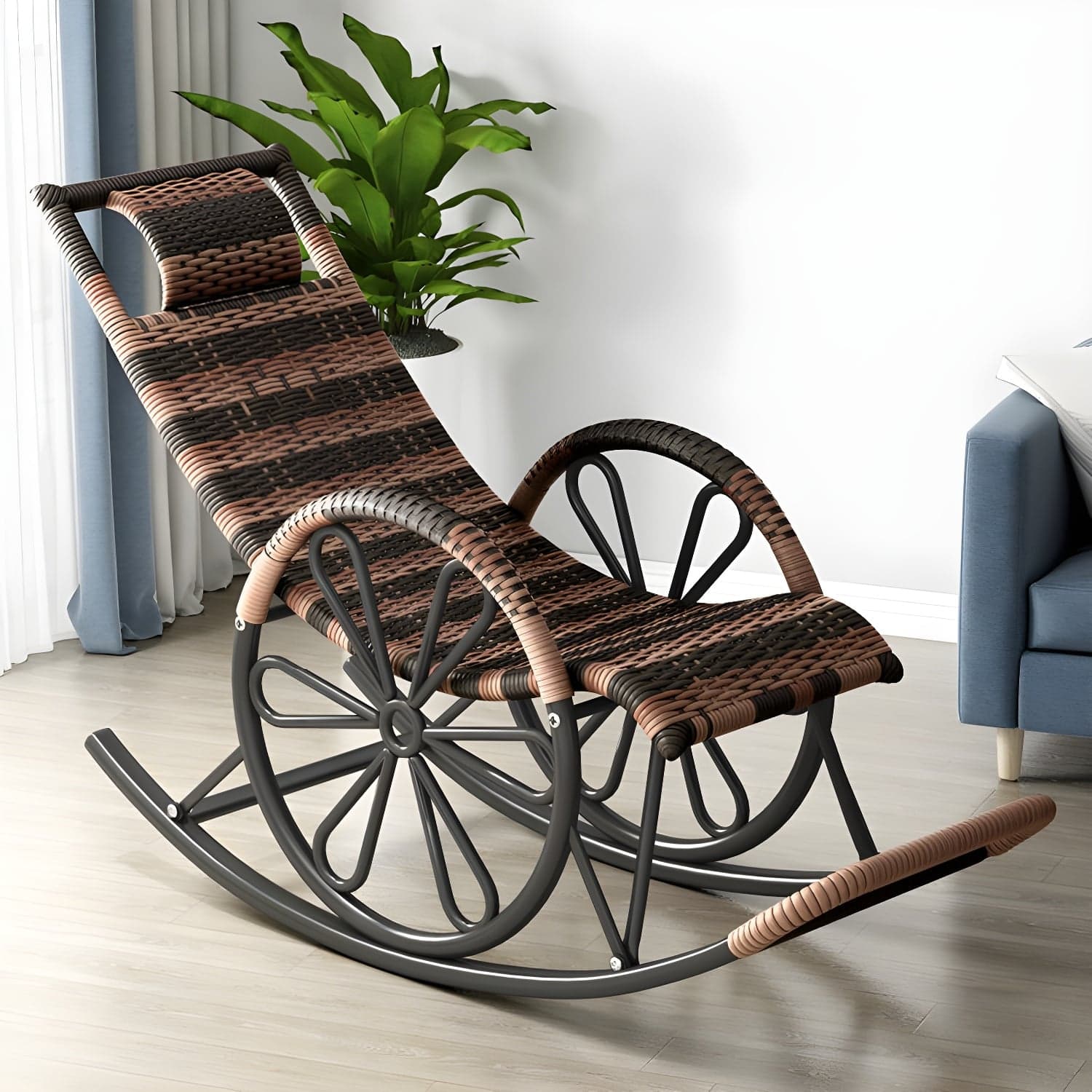 Rattan Modern Rocking Chair Woven Rope Rocker Chair in Black - image 6