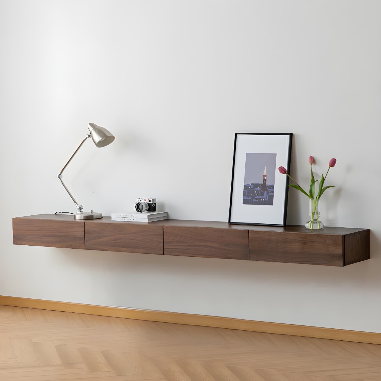 Modern Wall-Mounted Walnut TV Media Console with 2-Drawer and 2-Door - image 5