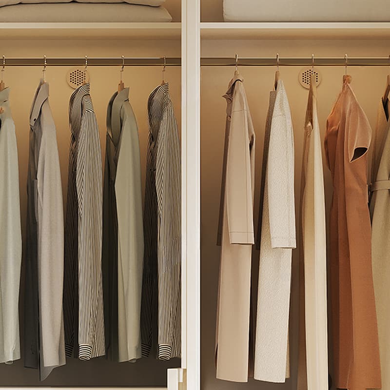 White Minimalist Manufactured Wood Wardrobe Closet with 2 Drawers, Soft Close Door, Interior Shelves, and Clothing Rod