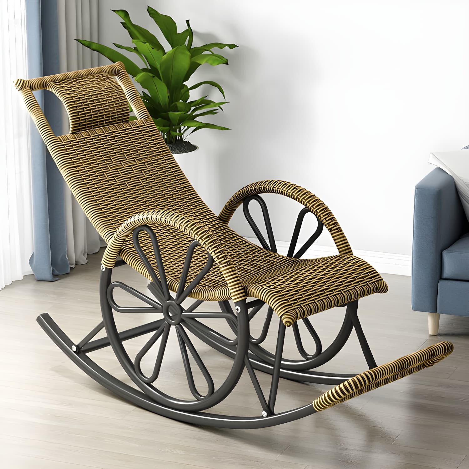 Rattan Modern Rocking Chair Woven Rope Rocker Chair in Black - image 3