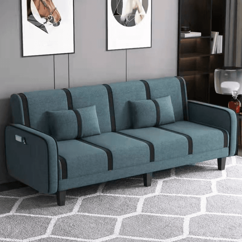 Striped Convertible Sofa in Pu Leather/Flannel with Cerulean/Light Brown/Off-White Upholstery and Armrest - image 9