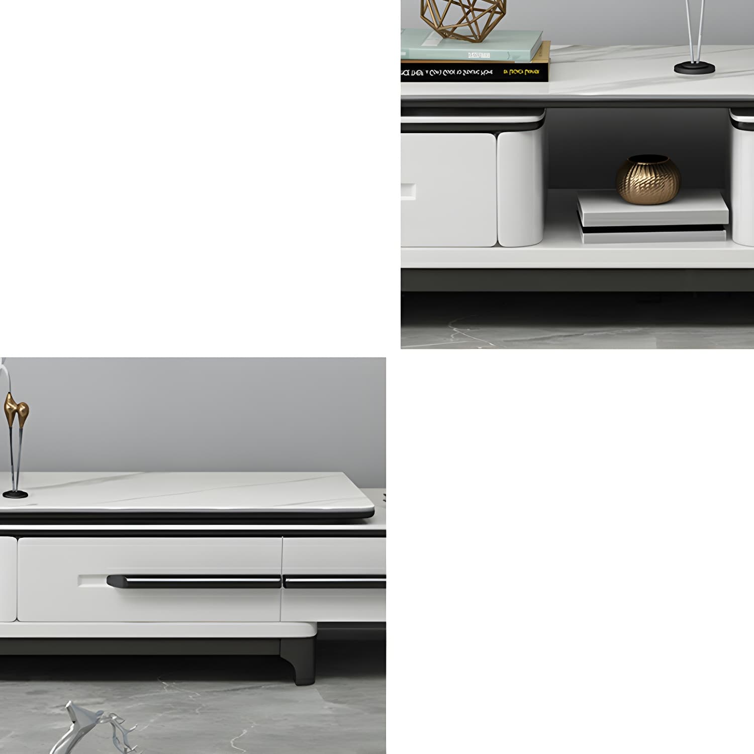 Modern Stone TV Stand with Long Length, Open Storage and Drawers featuring Wood Shelves - image 11