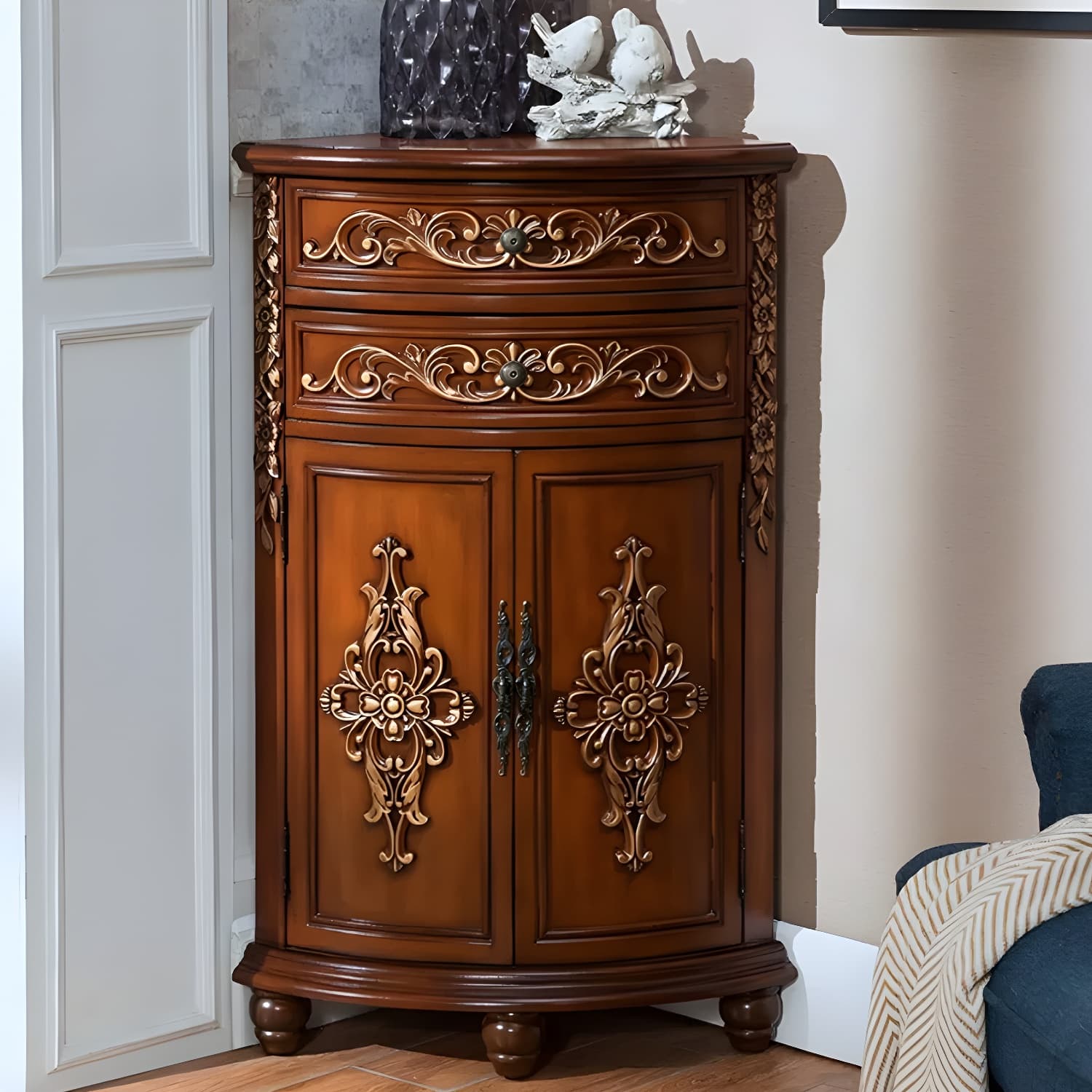 Rustic Corner Accent Cabinet with Wood Counter Top, Drawers, and Cabinet, Small Size - image 4