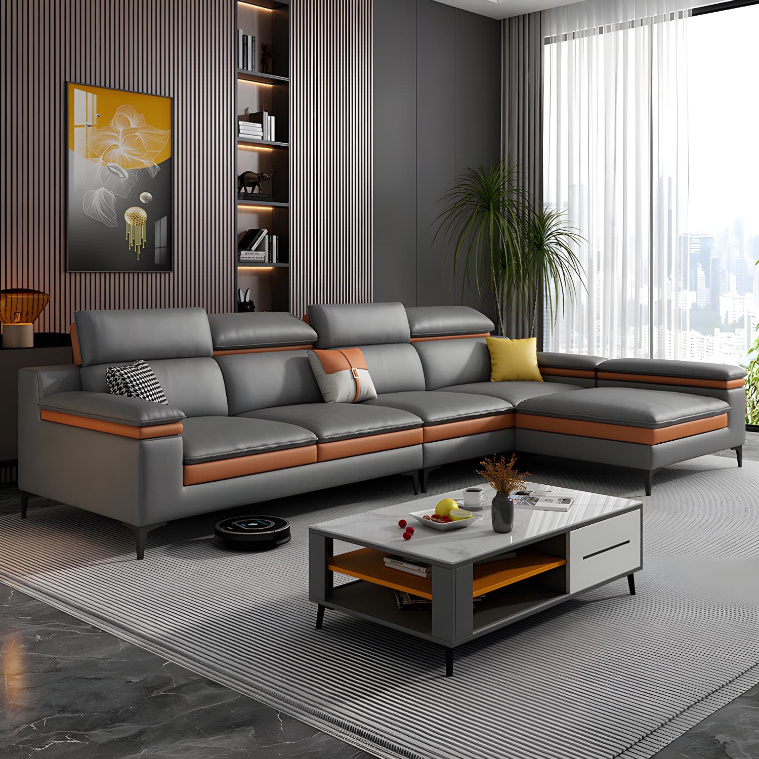 Modern Gray Tech Cloth Sectional Sofa with Adjustable Headrest