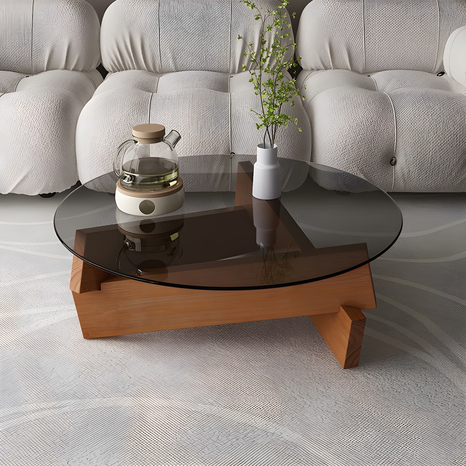 Modern Round Glass Top Coffee Table with Abstract Wooden Leg - image 4