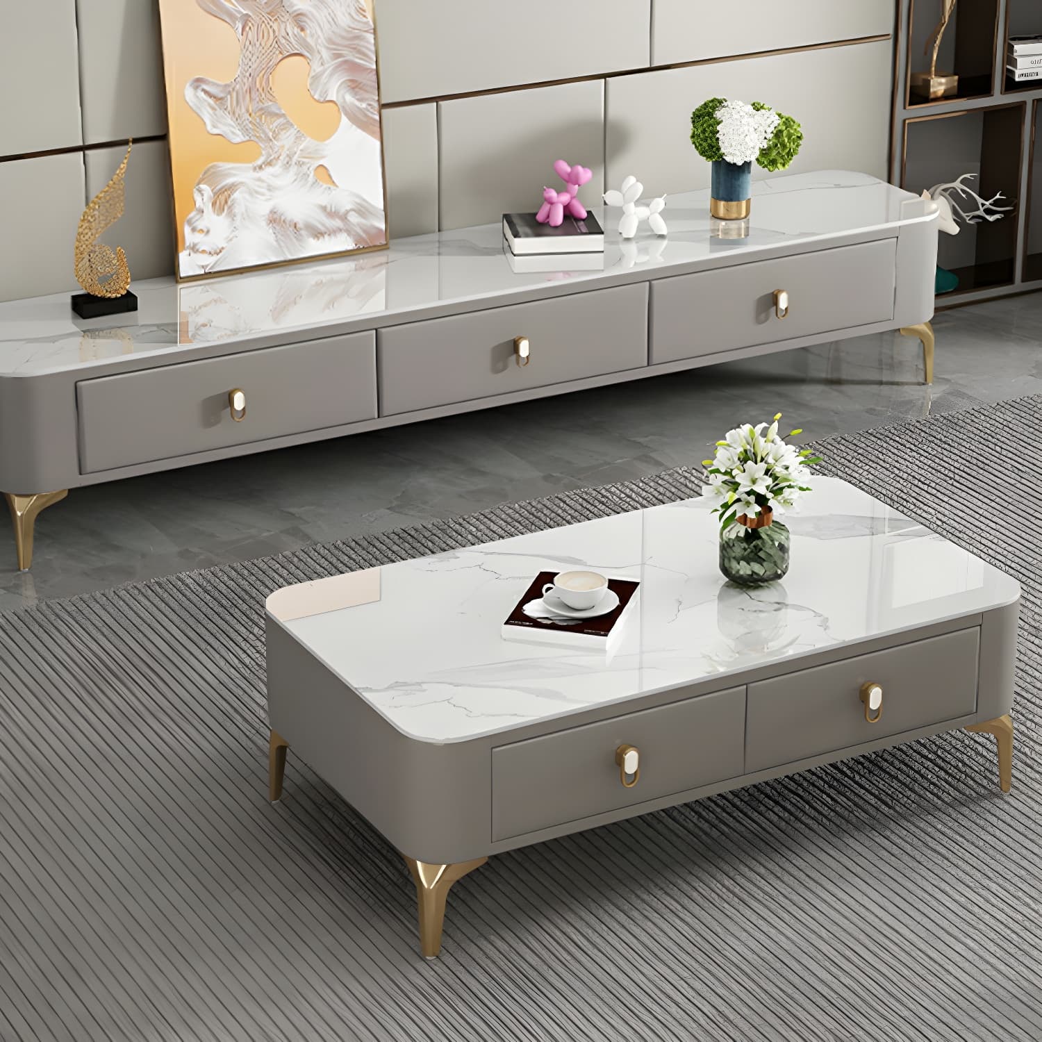 Modern Gold Metal Coffee Table with Stone Top and Built-In Storage Drawers - image 7