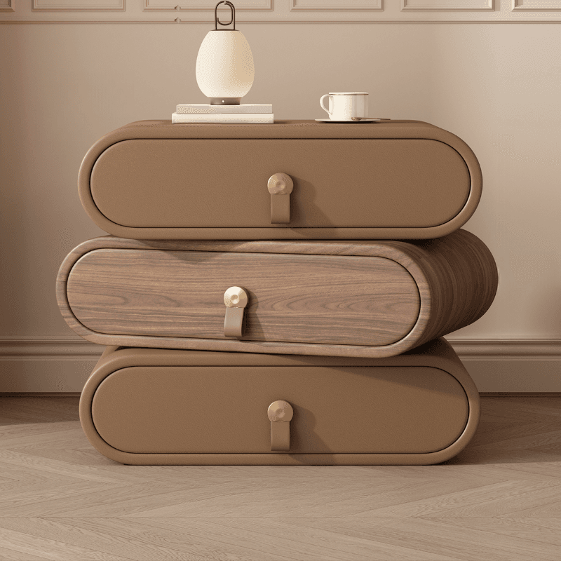 Art Deco Drawer Storage Nightstand with 3 Drawers and Natural Wood/Pleather Countertop