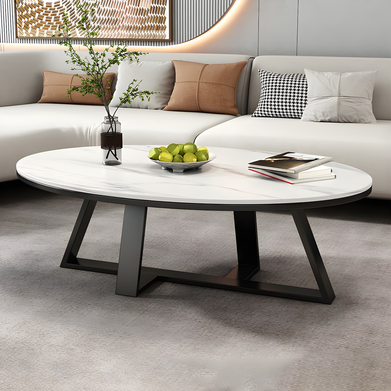 Metal Cross Legs Cocktail Table Luxurious Oval Stone Top Coffee Table