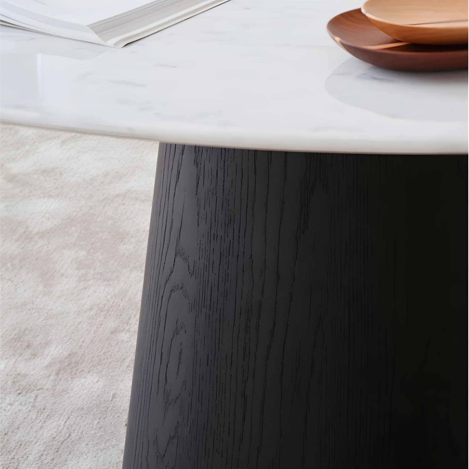 Modern Round Dining Table White Stone Tabletop with Wood Pedestal Base - image 8