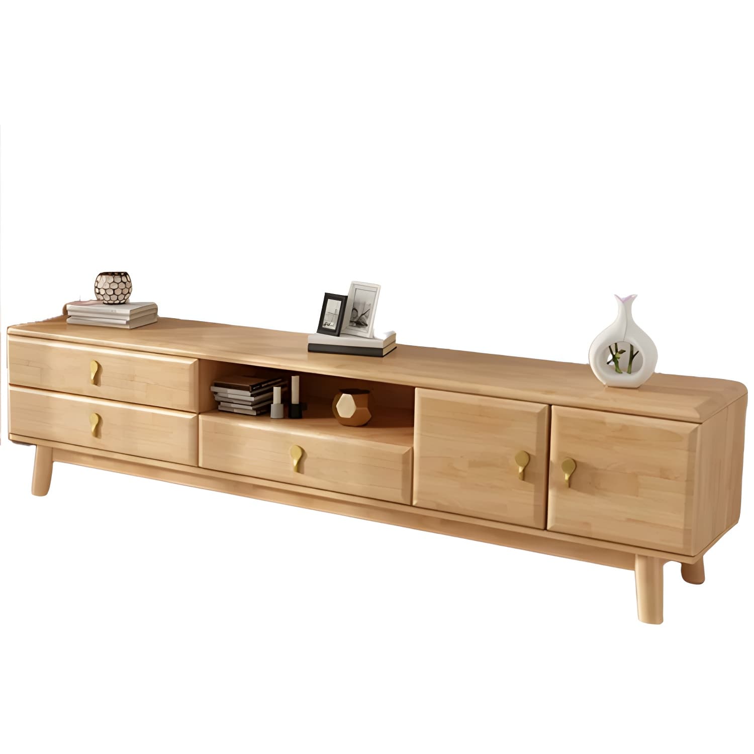Scandinavian with Drawers Rubberwood with Cabinet TV Media Console