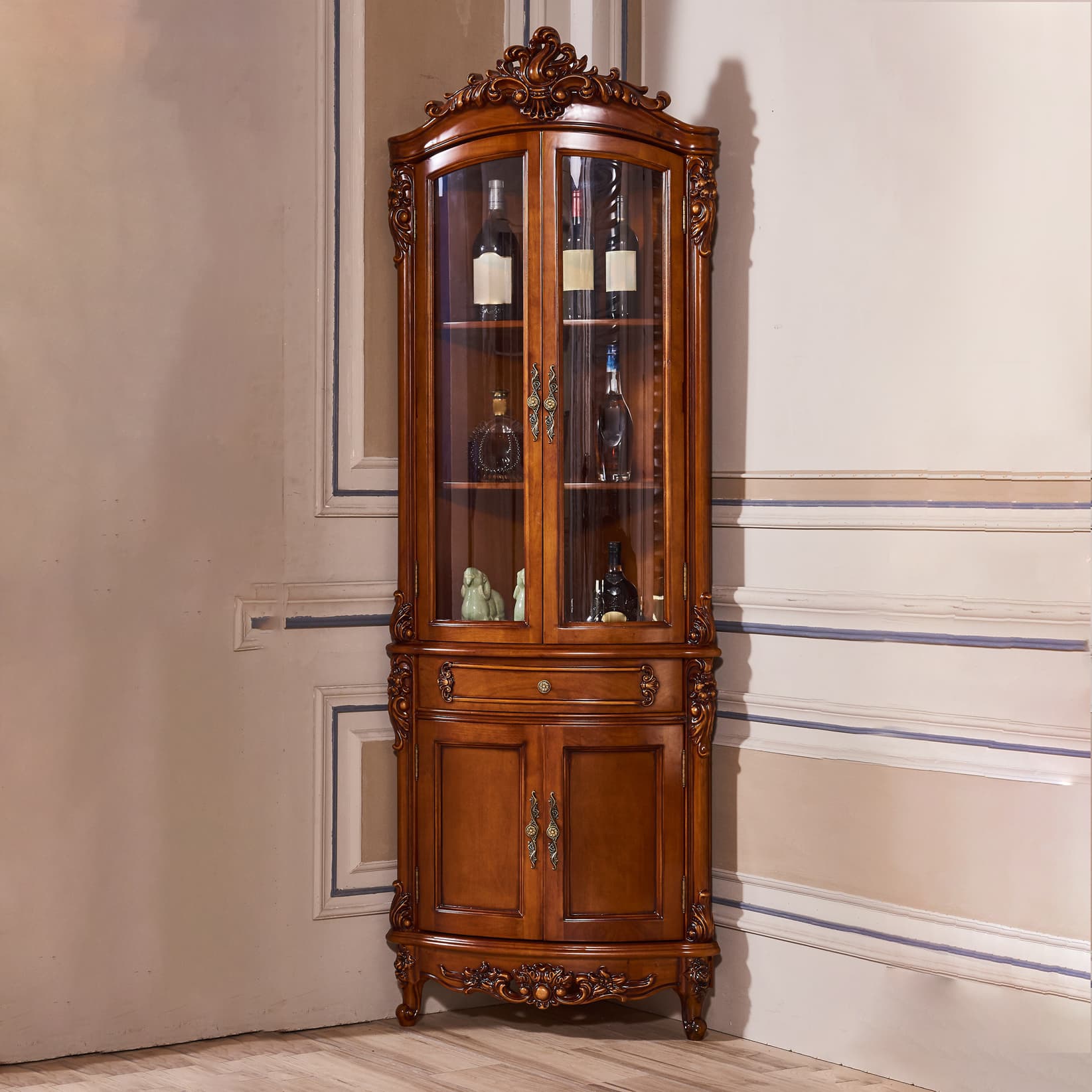 Victorian Solid Wood Triangle Accent Cabinet Glass Paned Cabriole Legs