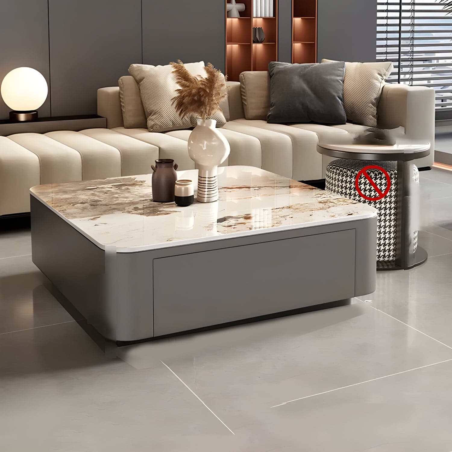 Modern Square Stone Coffee Table Set with Black Metal Block Base and Storage Drawers - image 5