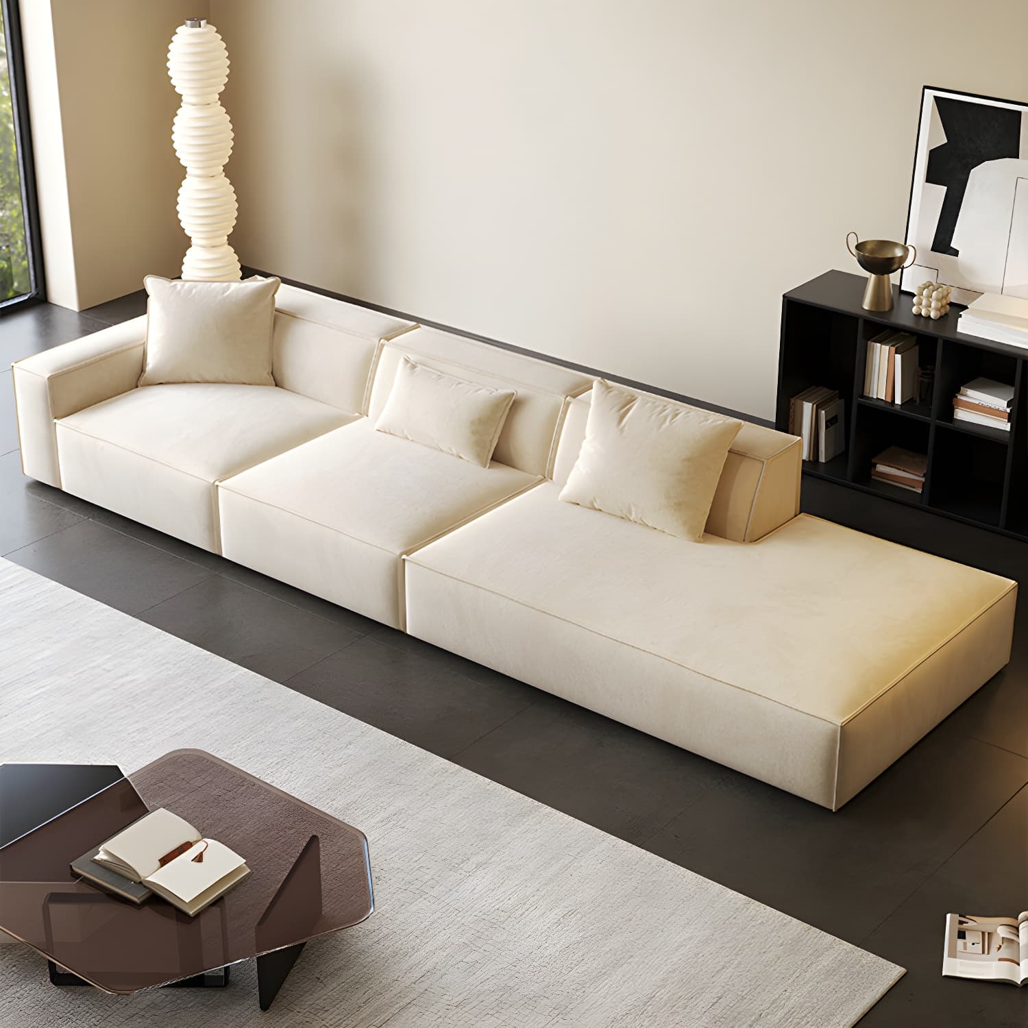 Modern Beige Square Arm Stationary Sectional Sofa in Pine Wood Frame
