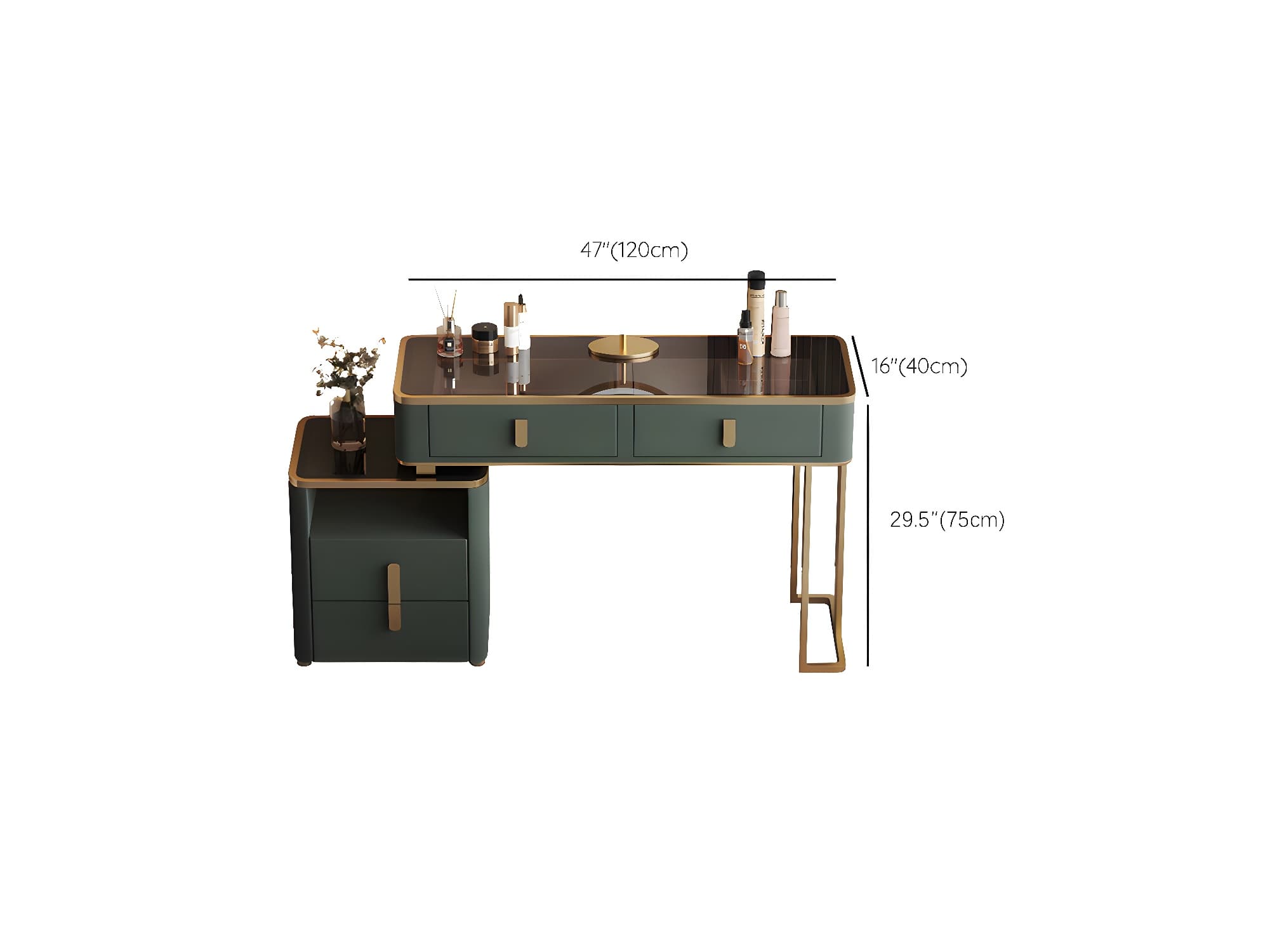 Glass Top Dressing Table Solid Wood Green Make-up Vanity with Drawers - image 23