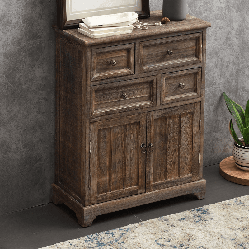 Industrial Detached Utility Cabinet with Distressed Wood and 4 Drawers Featuring Loop Pulls