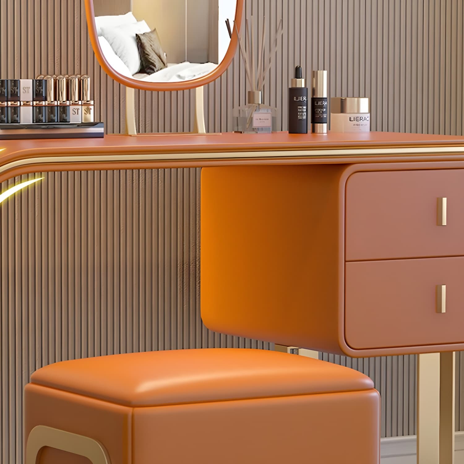 Glam Vanity Set With Drawer Leather Mirror Bedroom Make-up Vanity - image 9
