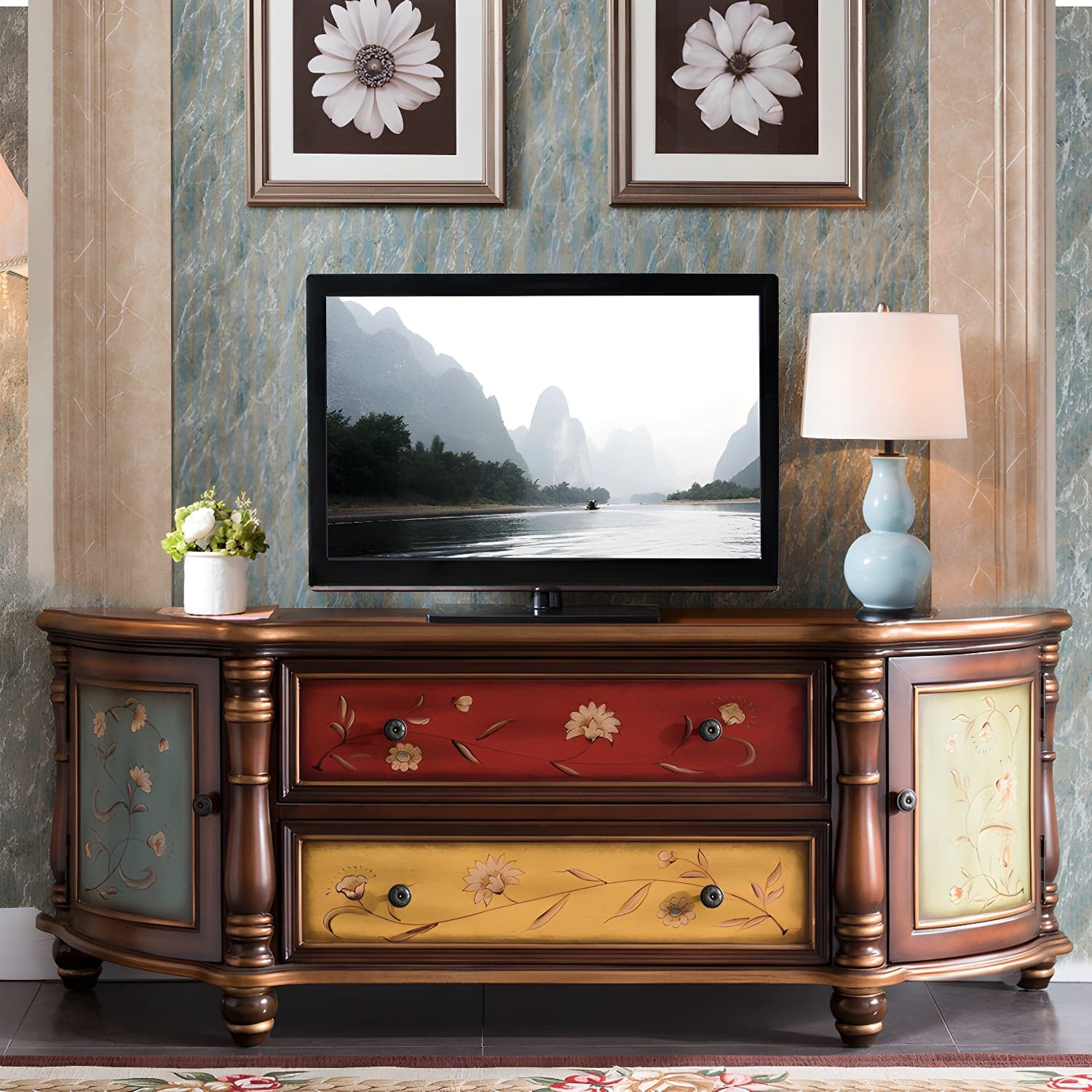 Traditional Birch Wood Media Console Matte Finish TV Media Stand with Drawers