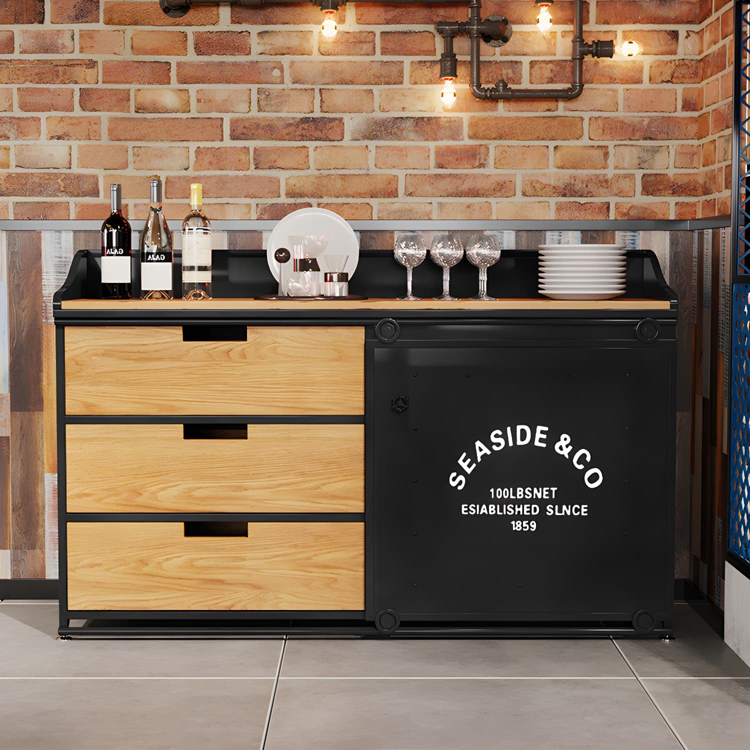 Industrial Metal Sideboard with Drawers, Cabinets, and Open Storage - 3 Drawers, 1 Interior Shelf - image 16