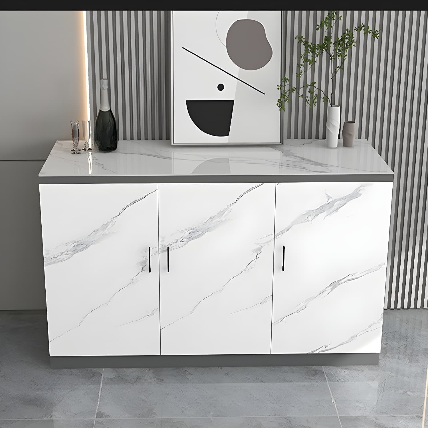White Modern Wood Server with Stone Countertop and Cabinet Included - image 3
