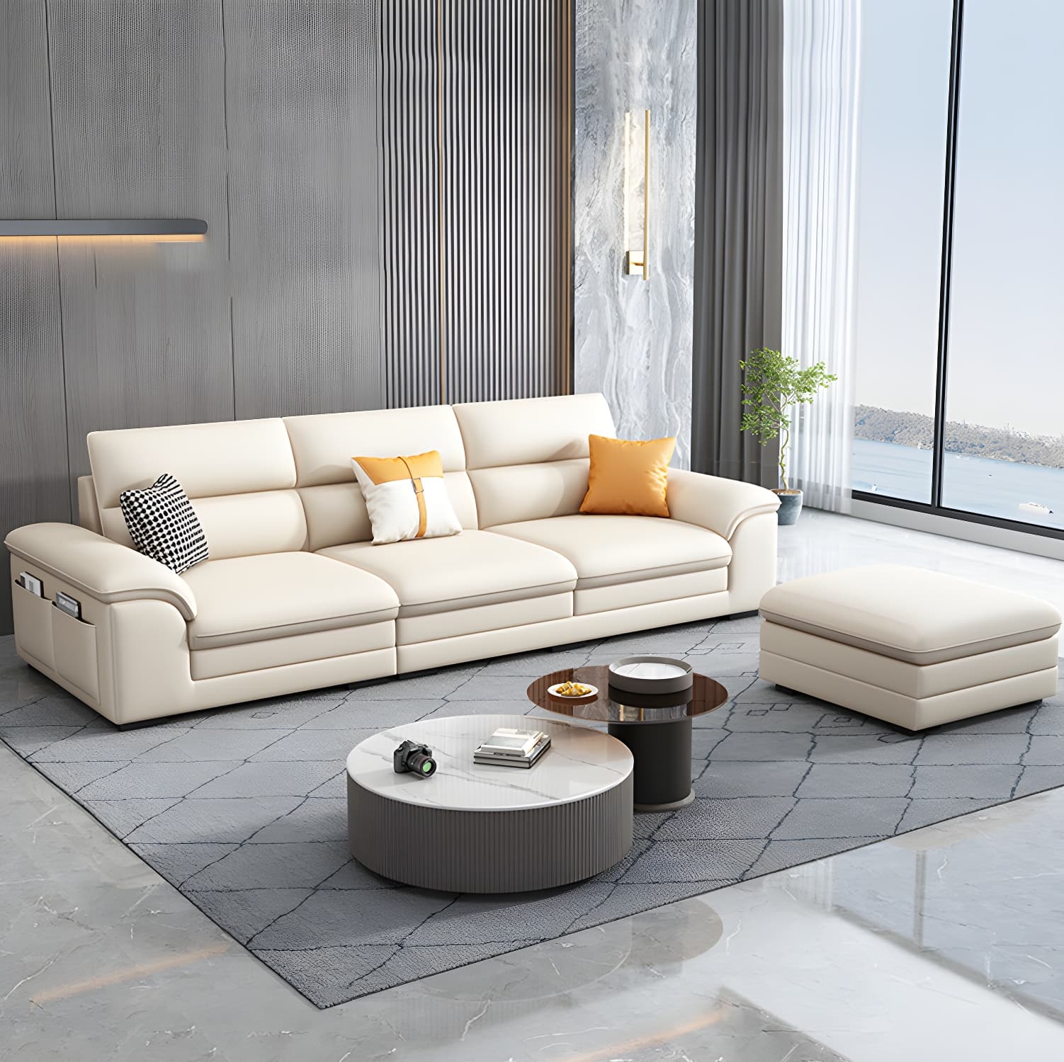 Standard Genuine Leather Sectional, Pillow Top Arm, Cushion Back, Beige, Birch Wood - image 10