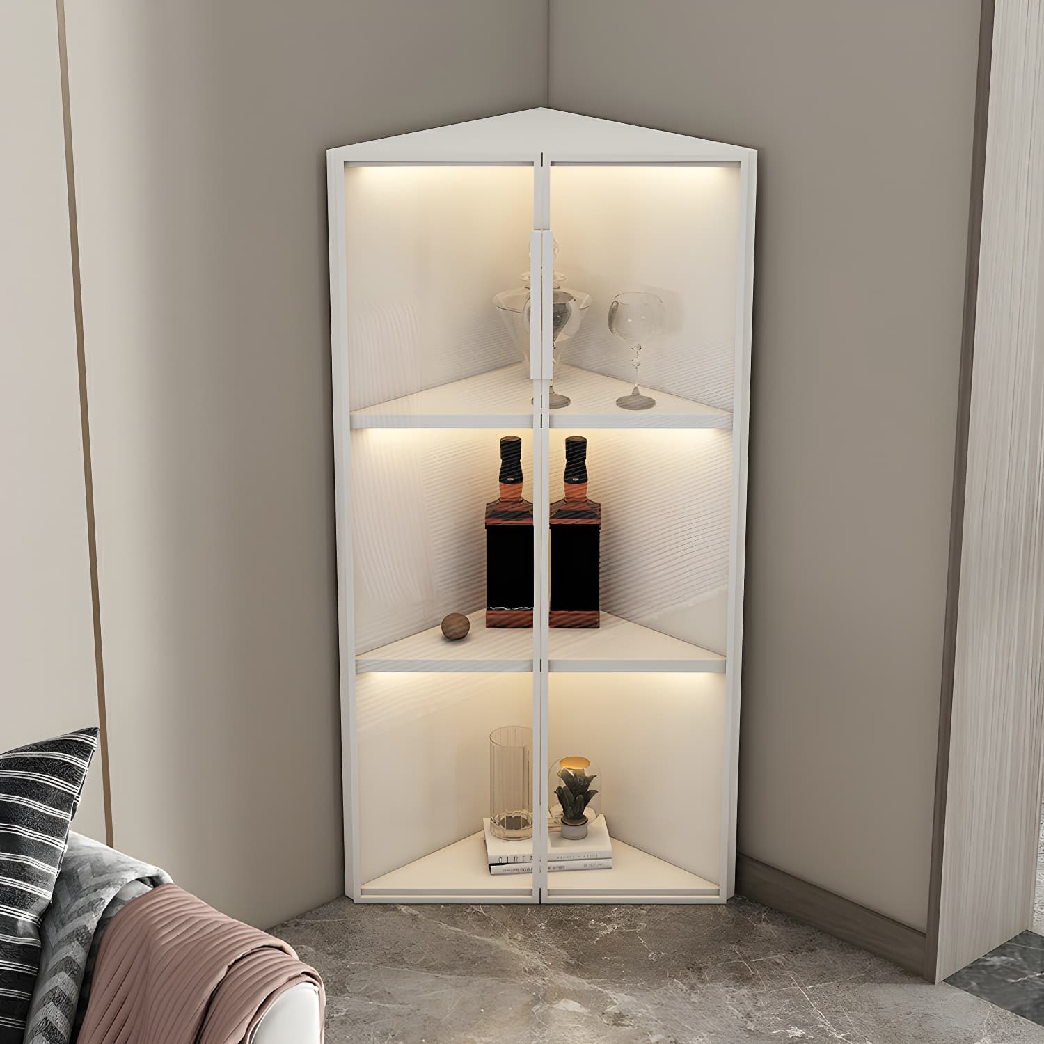 Wood Glass Paned Modern Corner Accent Cabinet for Living Room