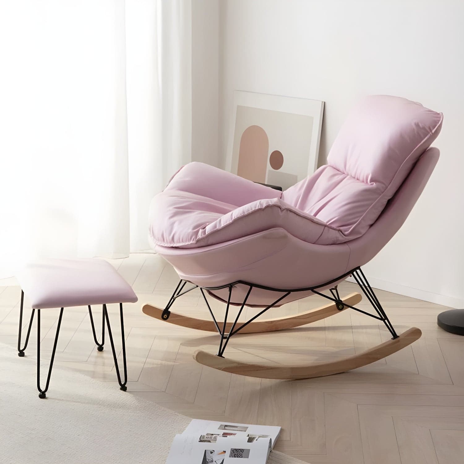 Modern Upholstered Rocking Chair with Ottoman Set - Natural Wood Legs - image 9