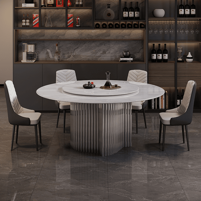 Dining Table Set with Rounded Stump Base, Padded Chair with Back for 6 People/4 People in White