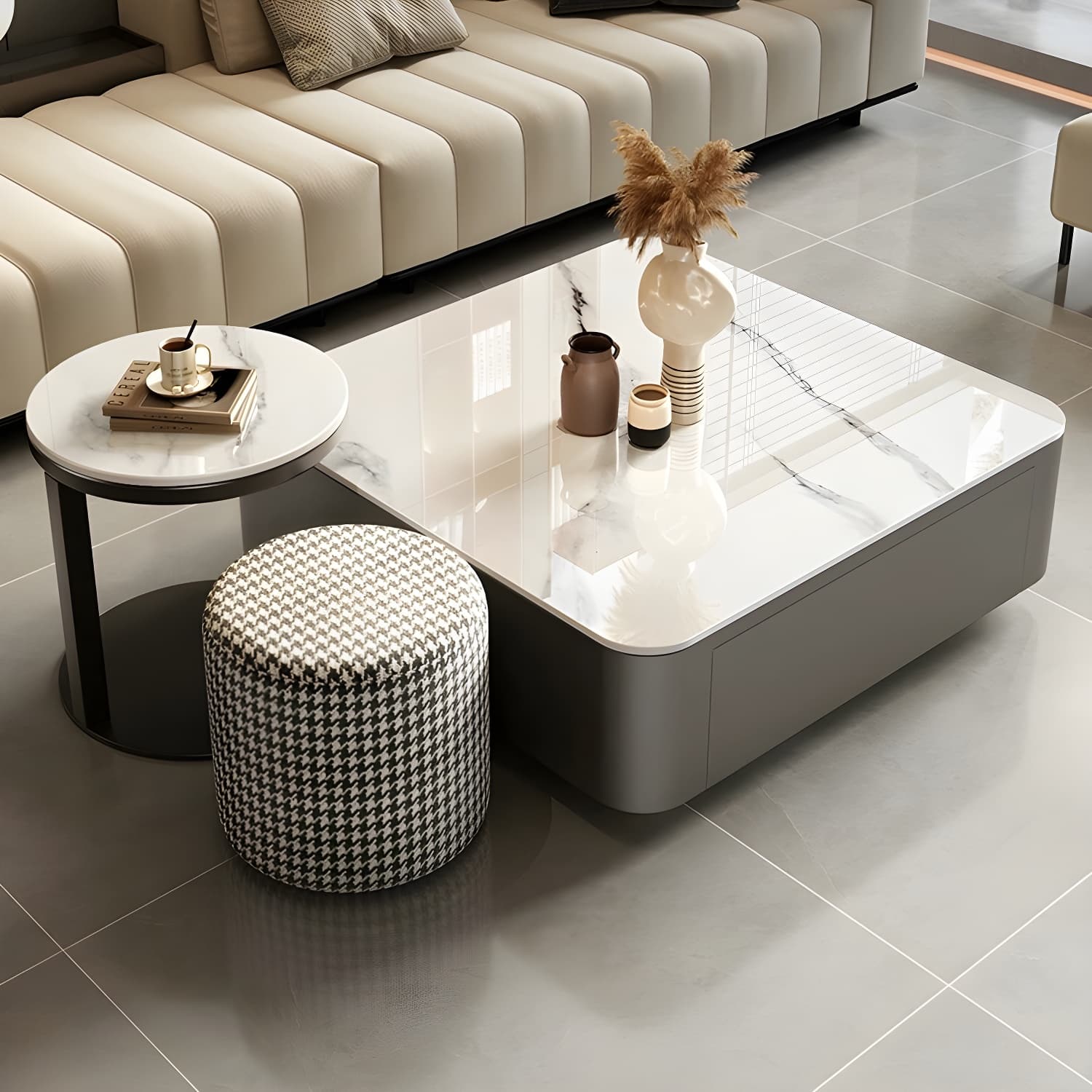 Modern Square Stone Coffee Table Set with Black Metal Block Base and Storage Drawers - image 10