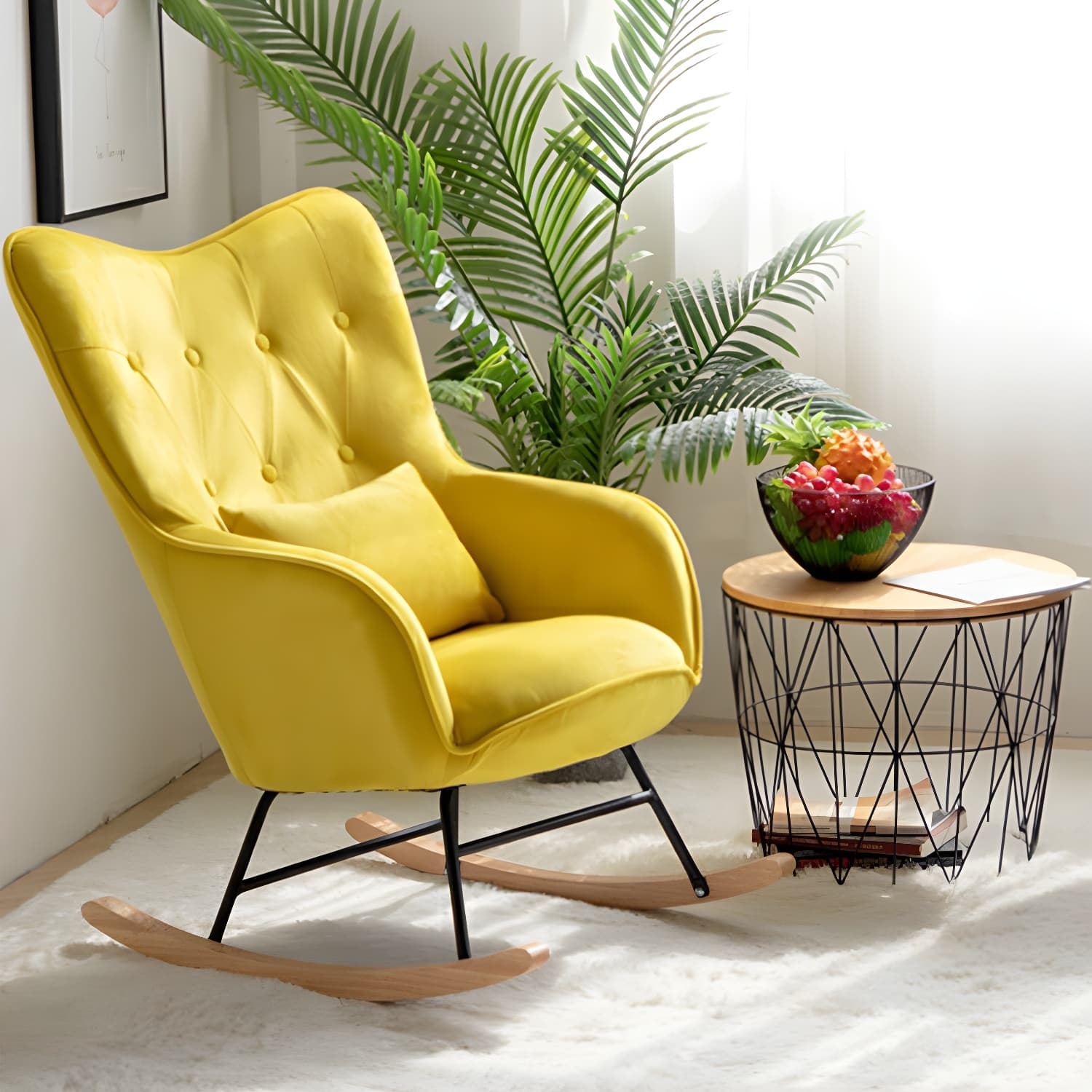Stylish Modern Upholstered Rocking Chair with Natural Wood Legs and Tufted Back Cushion - image 13