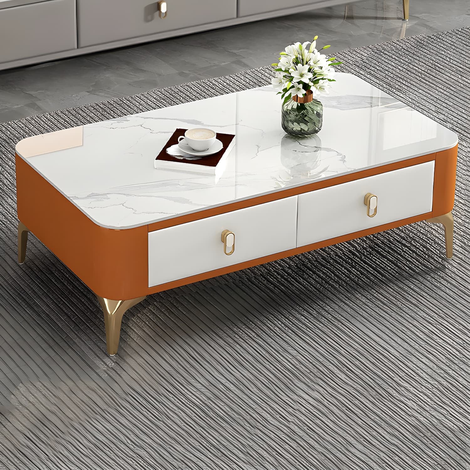 Modern Gold Metal Coffee Table with Stone Top and Built-In Storage Drawers - image 5