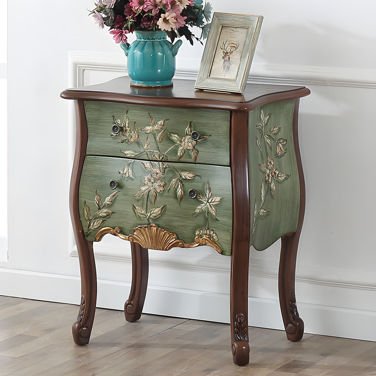 Mid-Century Modern Cabinet Fretwork Hand Painted Side Cabinet