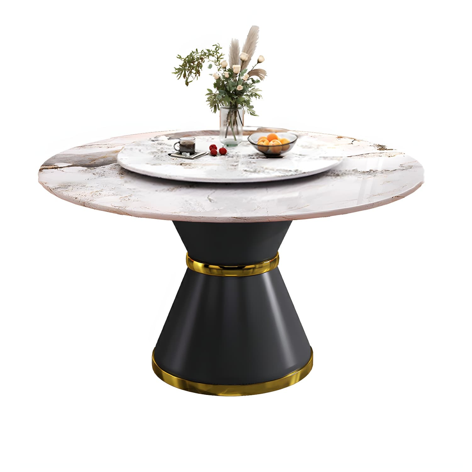 Stone Modern Round Dining Table with Black Steel Pedestal Base and Lazy Susan