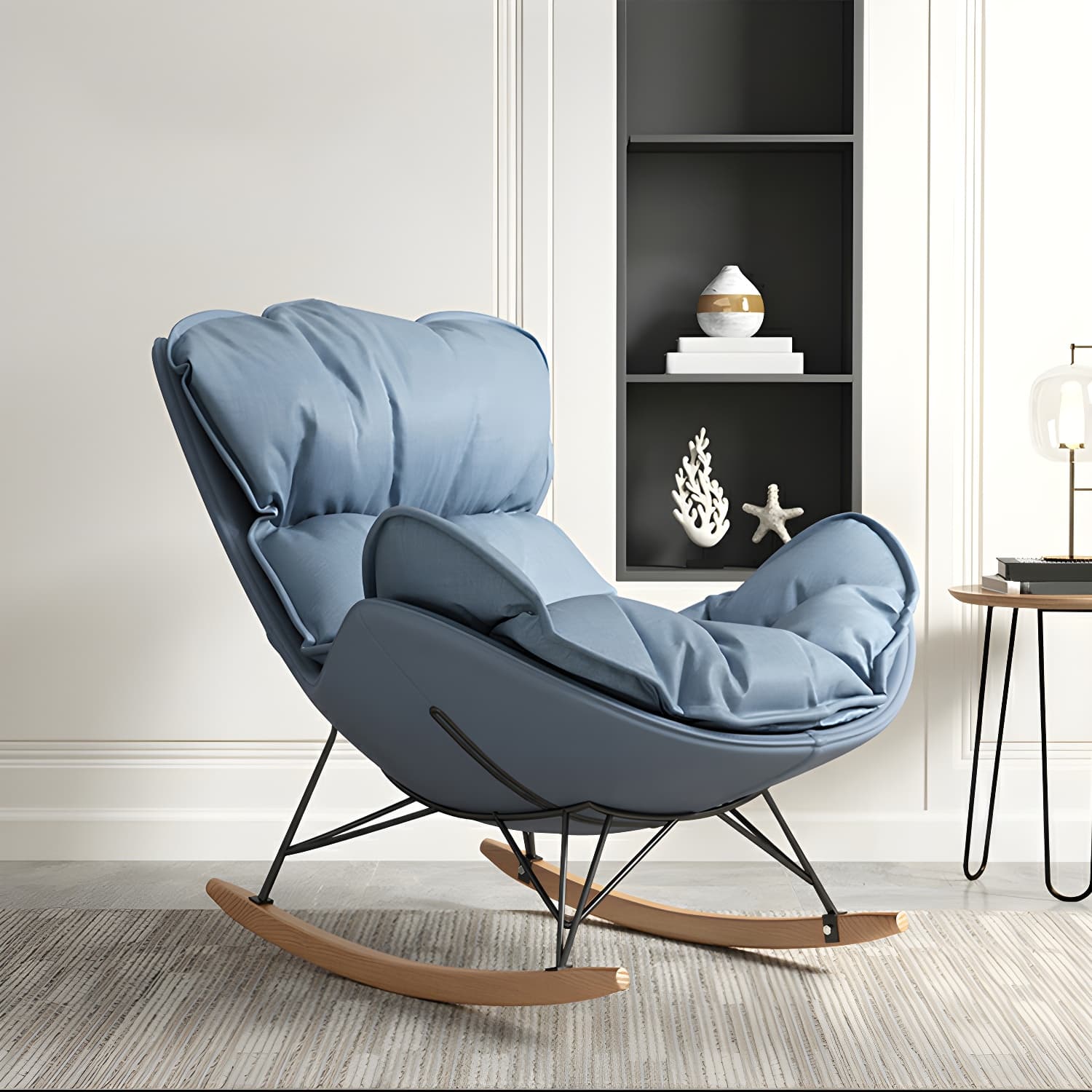 Modern Metal Rocking Chair with Upholstered Seat - Brown Legs, Removable Cushions