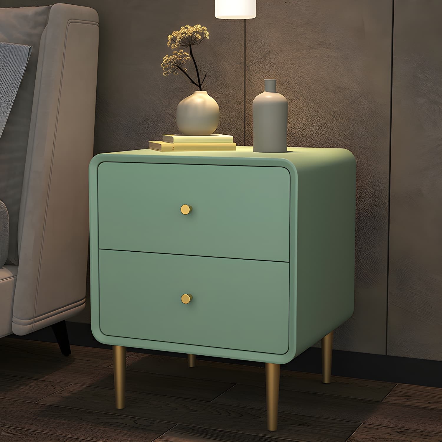 Glam Pine Wood Nightstand with Leather Countertop and 2 Drawers - Small Size