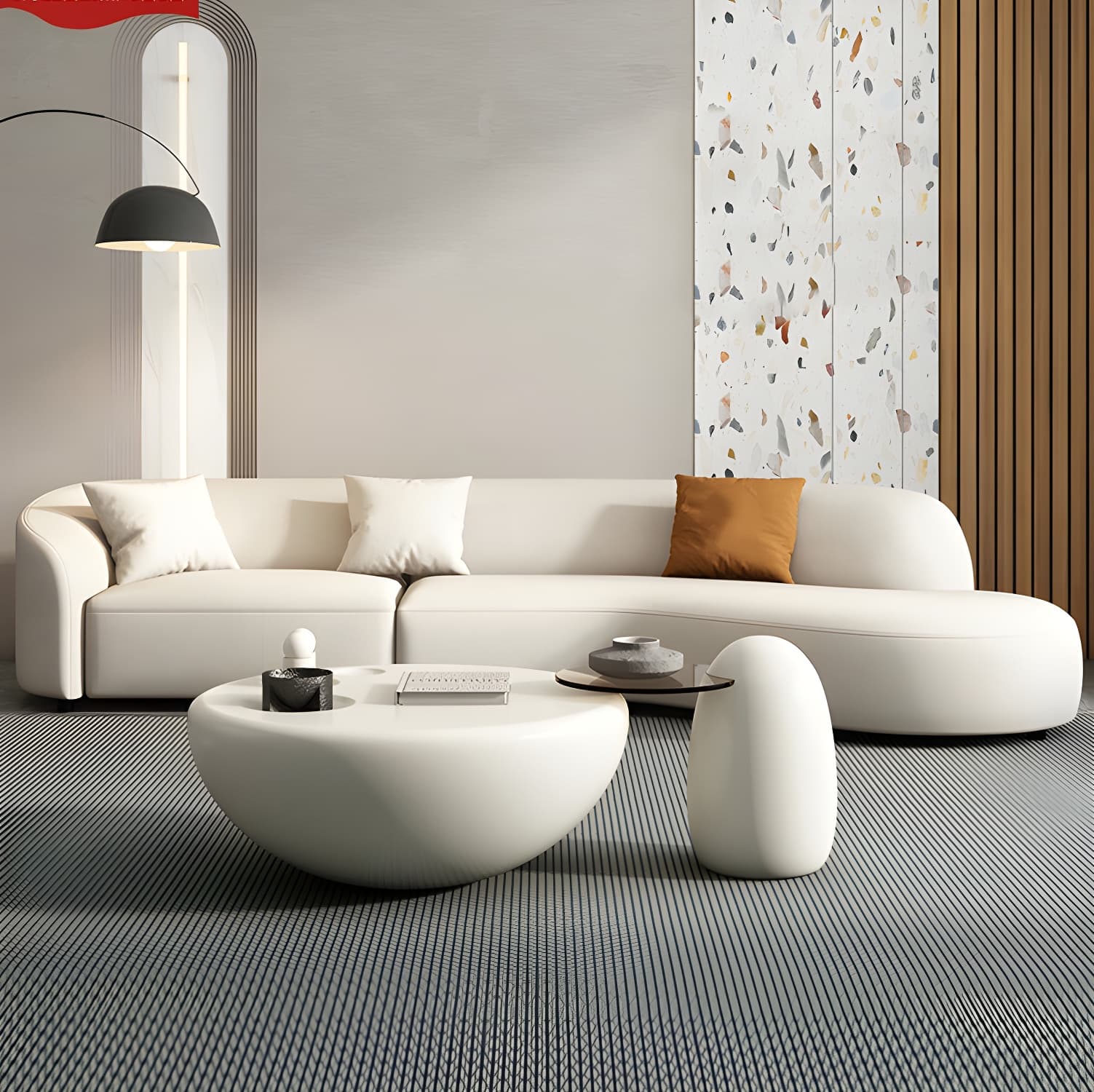Modern Beige Tech Cloth Stationary Sectional Sofa with Wood Frame and Flared Arms