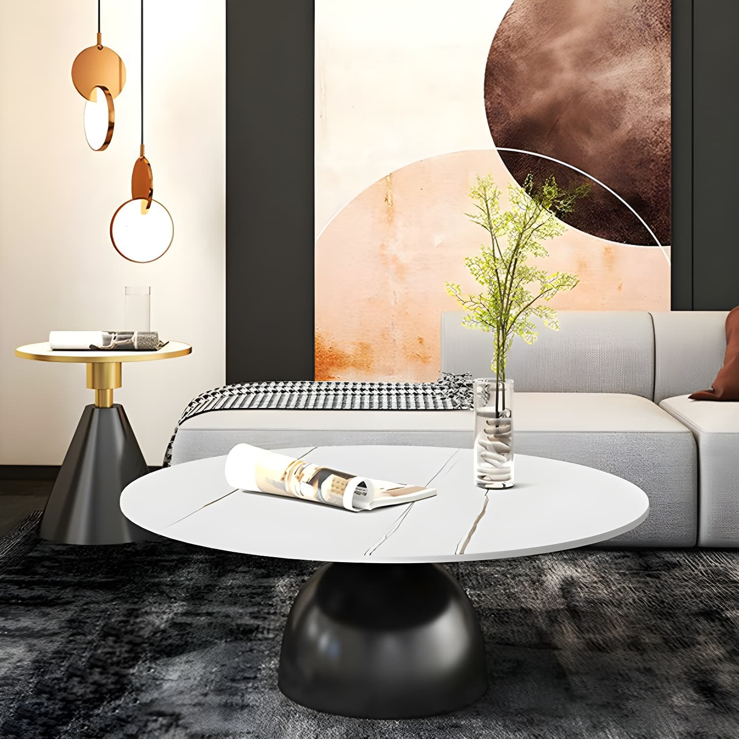 Round Stone Glam Coffee Table with Pedestal Iron Base and Built-in Storage - image 5