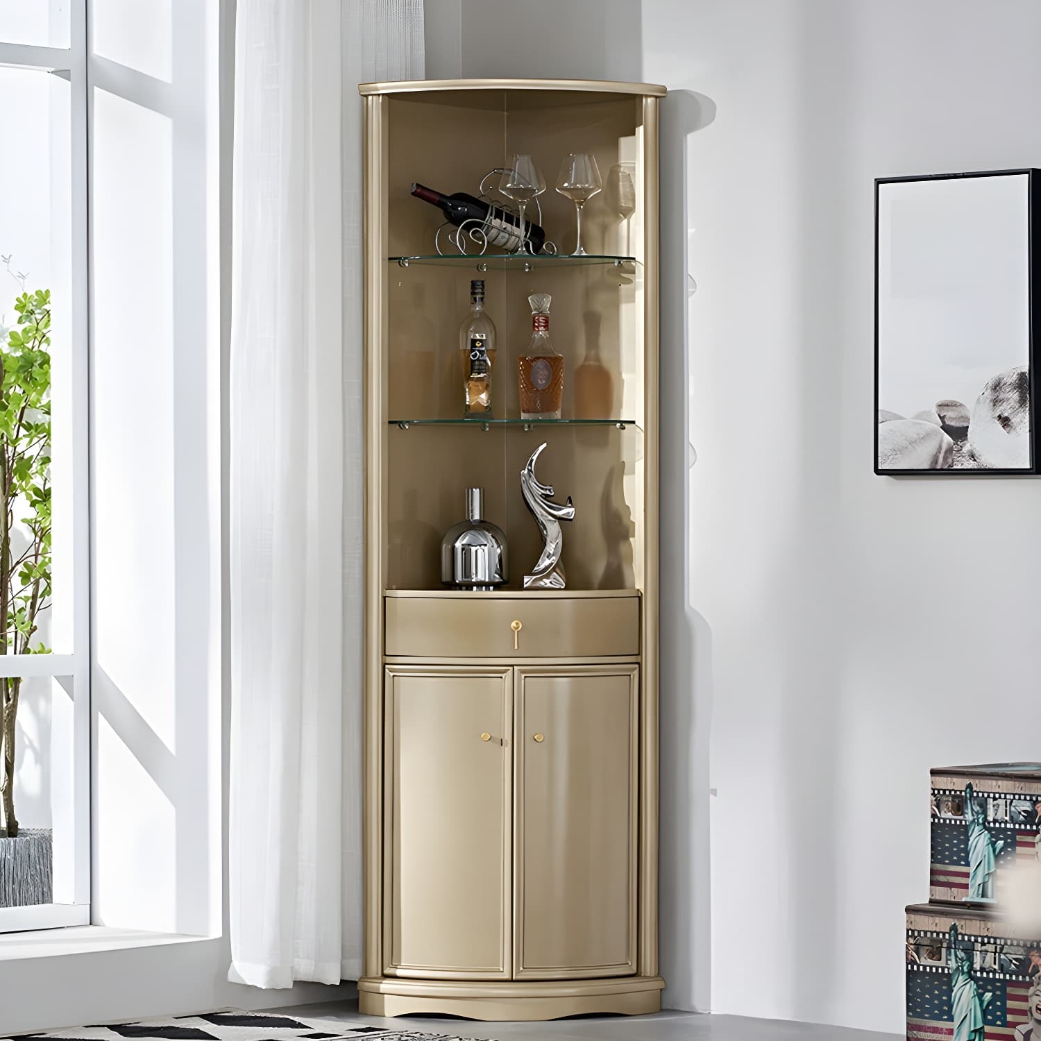 Corner Mid-Century Modern Accent Cabinet with Wood Countertop, Glass Doors, and Drawers Included