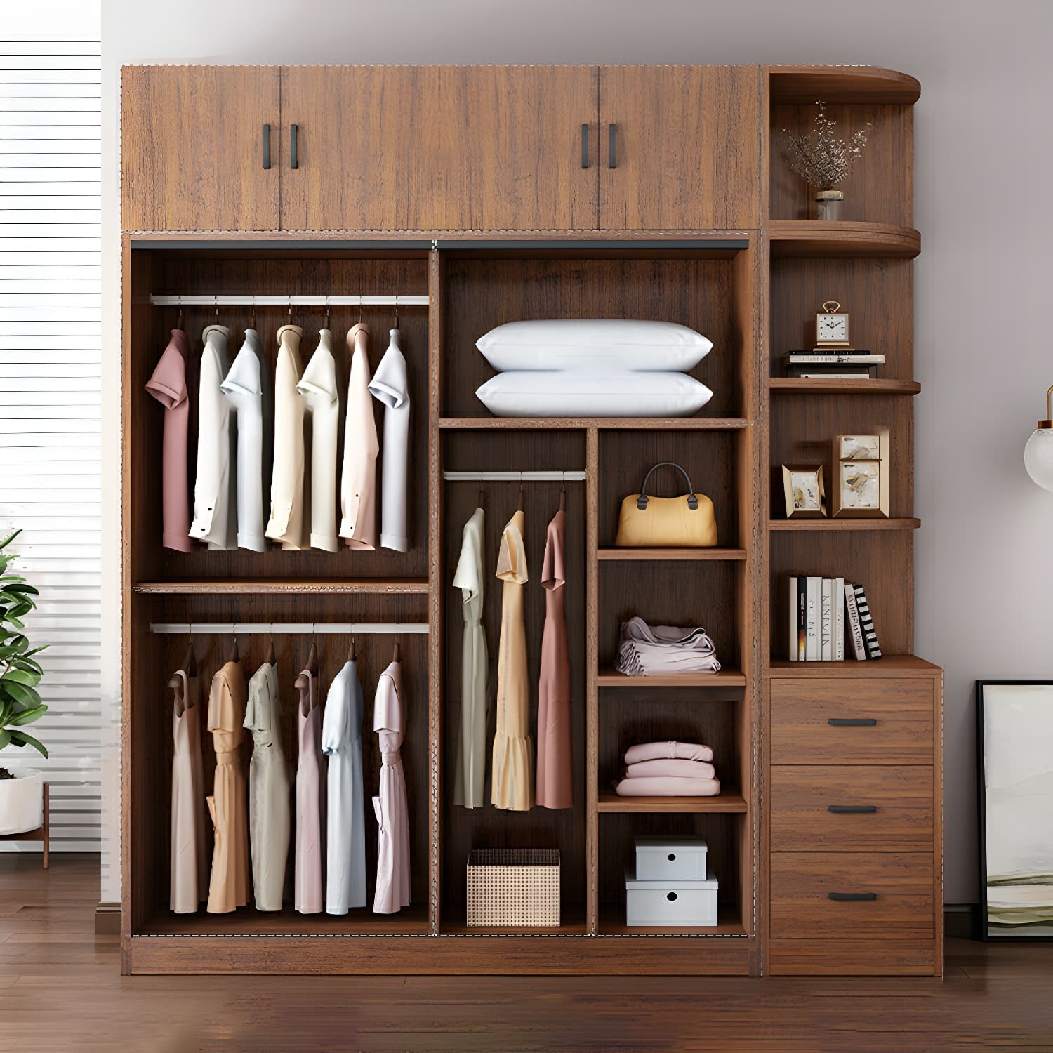 Modern Wooden Wardrobe Armoire with 3 Clothing Rods and Interior Shelves - image 3