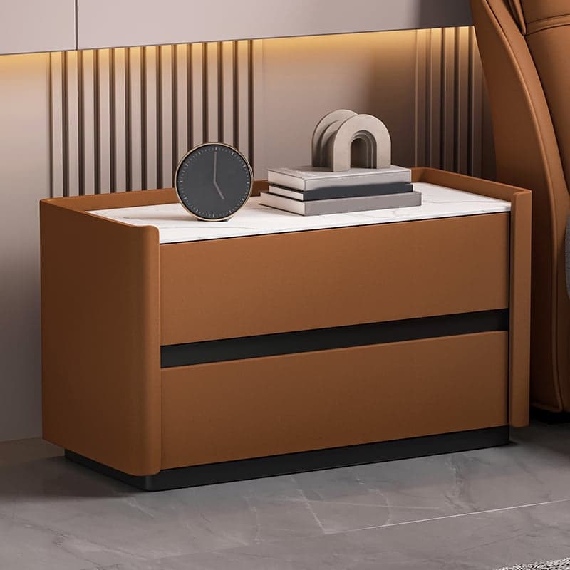 Modern Faux Leather Nightstand with 2 Drawers in Stone Countertop - image 9