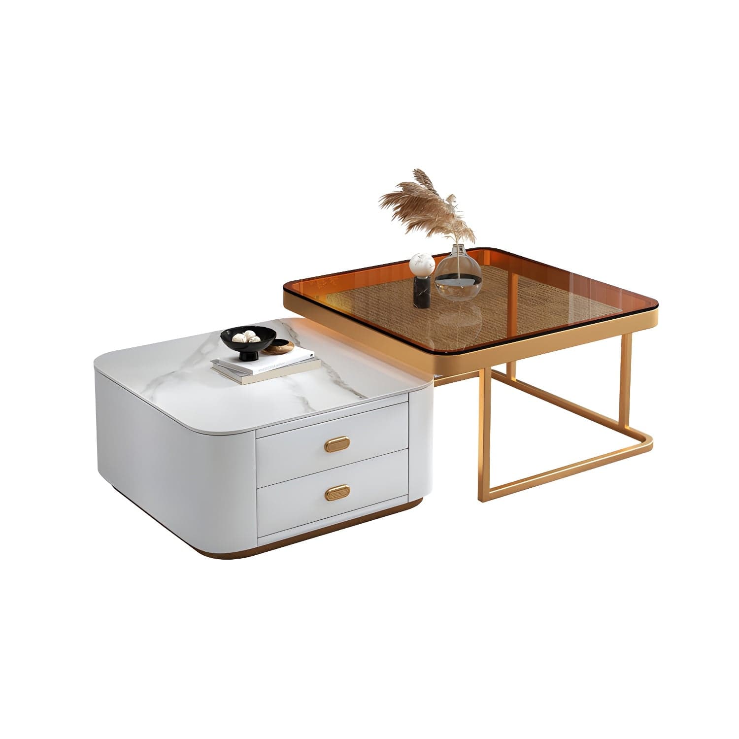 Square Coffee Table Glass Top 2 Nesting Coffee Table Set with Storage - image 13