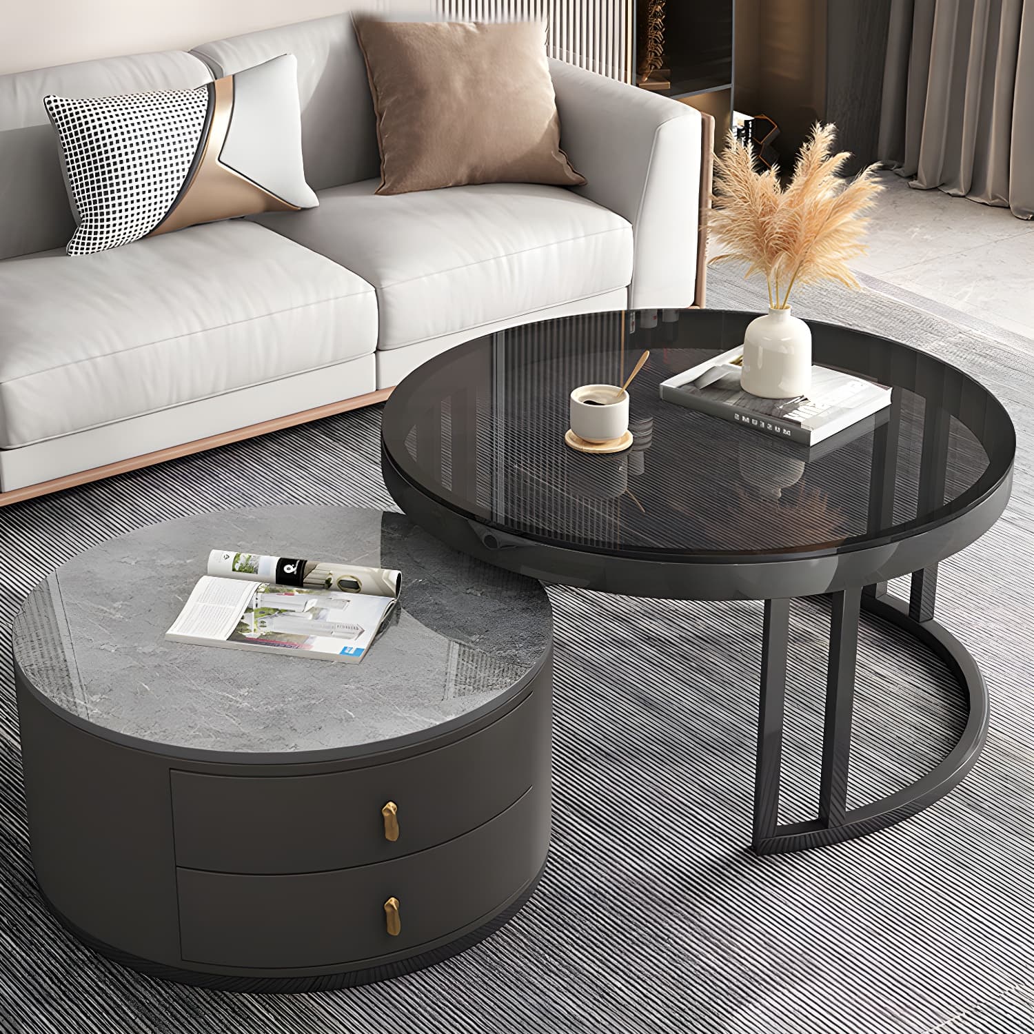 Round Nesting Coffee Table Set Frame Modern Storage Coffee Table - image 13