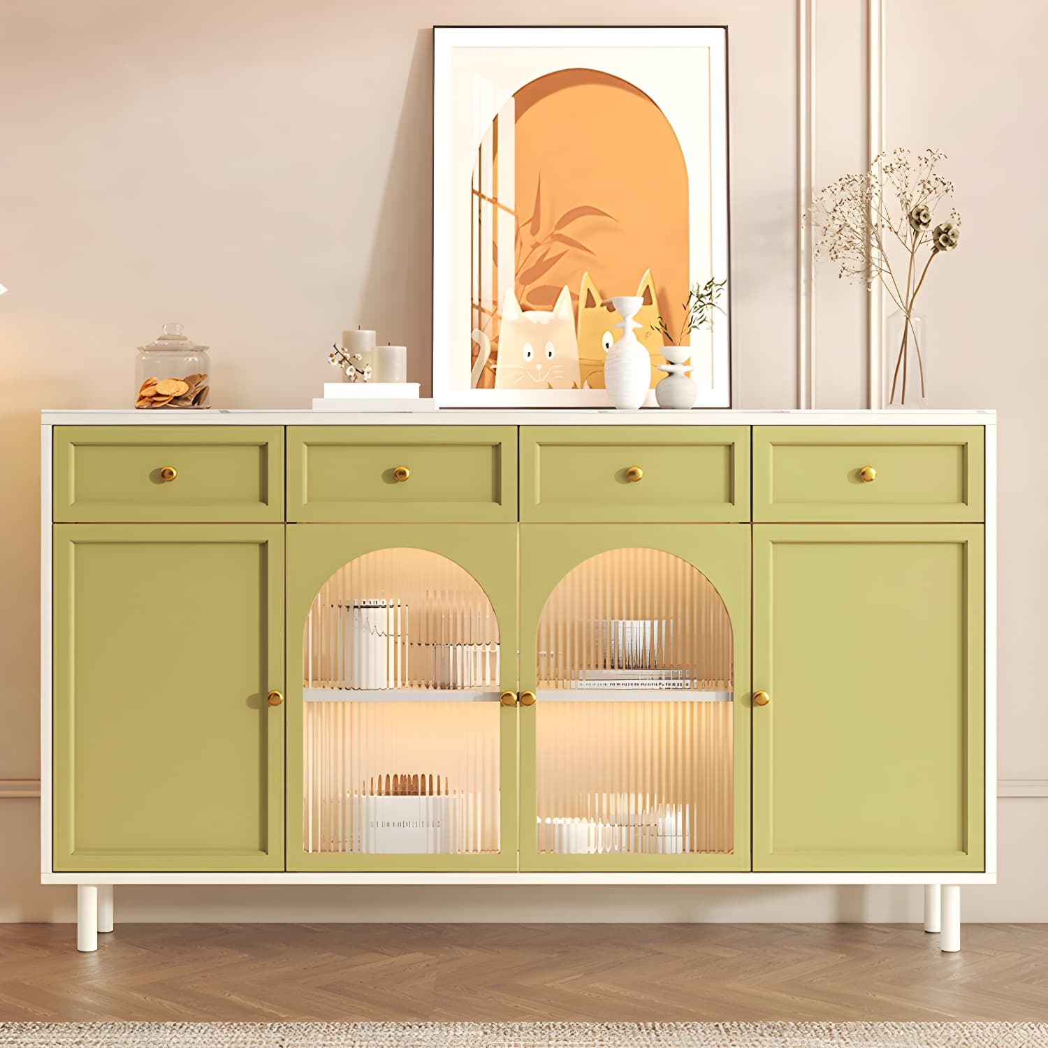 Scandinavian Wood Sideboard with Stone Countertop and Glass Doors - image 4