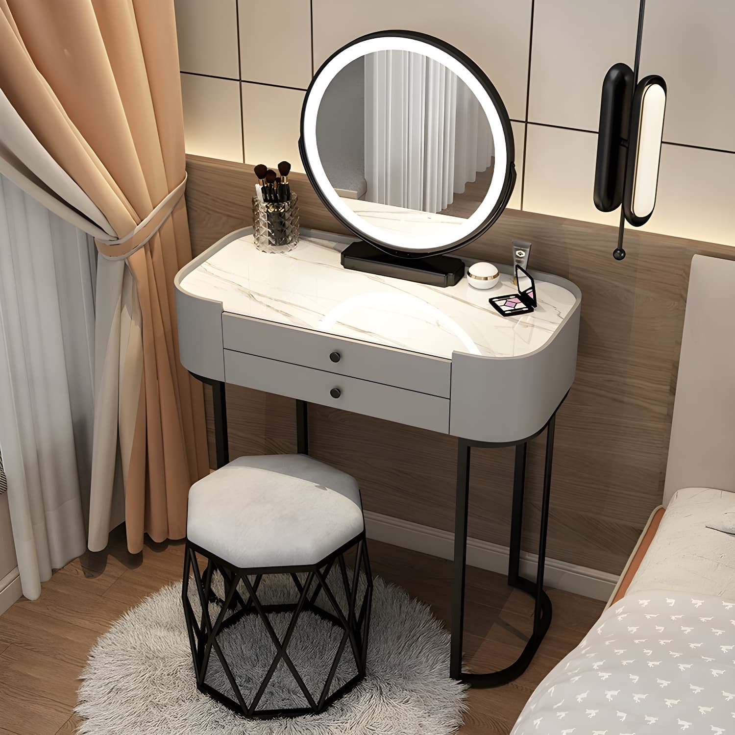 Contemporary Vanity Makeup Dressing Table Stool Set with Mirror - image 4