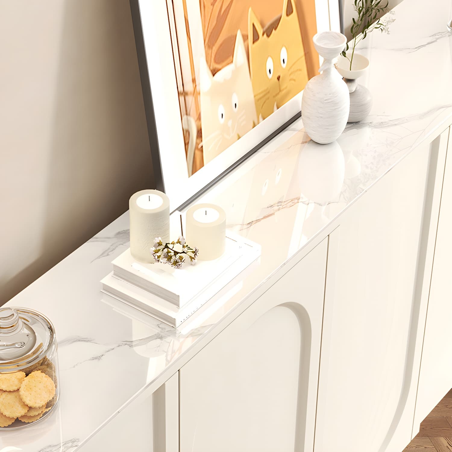 Scandinavian Wood Buffet Sideboard Cabinet with Stone Countertop Shelves Included - image 11