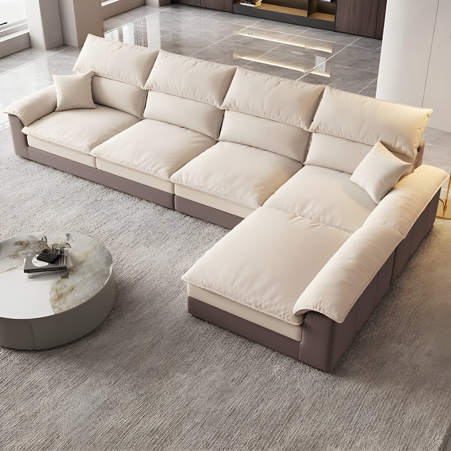 Beige ModernWood Sectional with Pillow Top Arm and Cushion Back - image 3