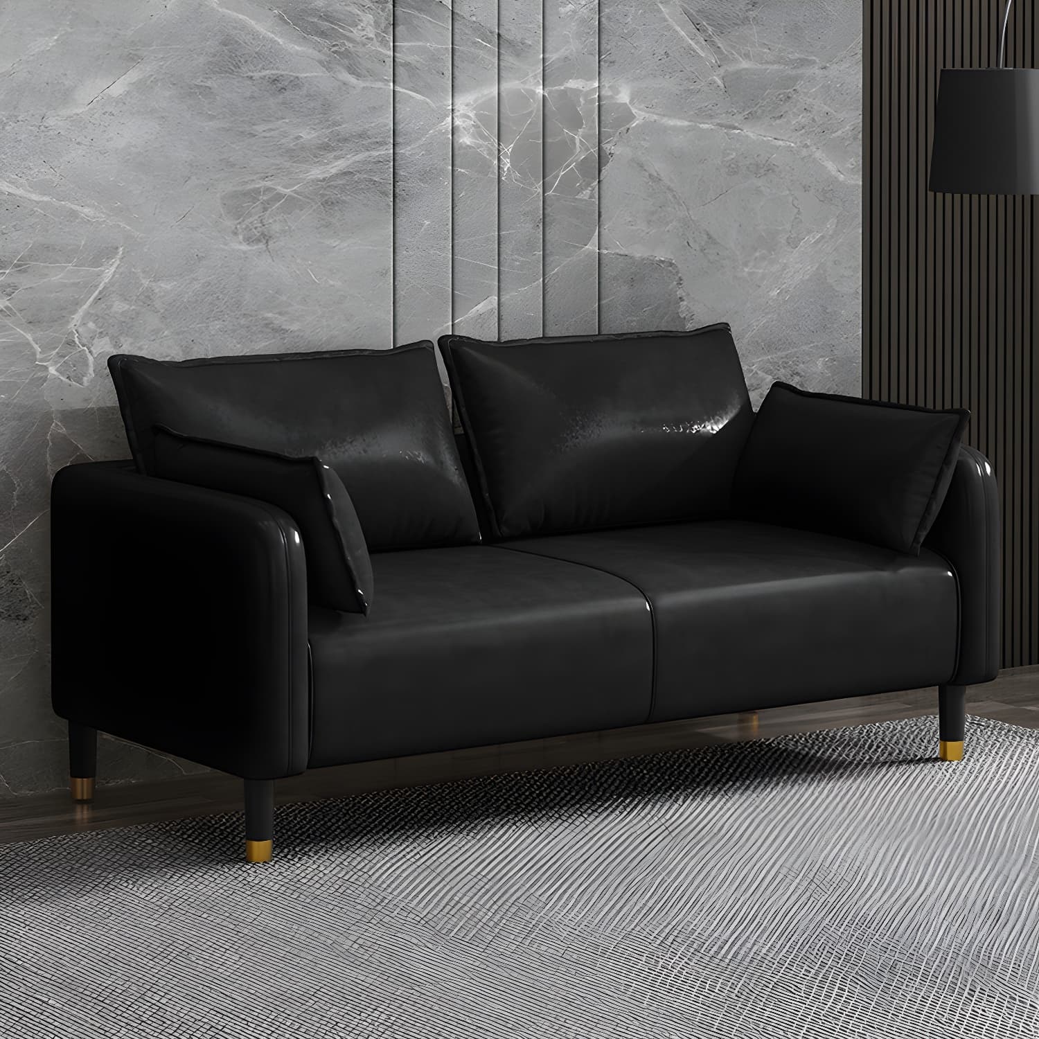 Modern 2-seat Sofa Faux Leather Tuxedo Arm Sofa with 2 Pillows