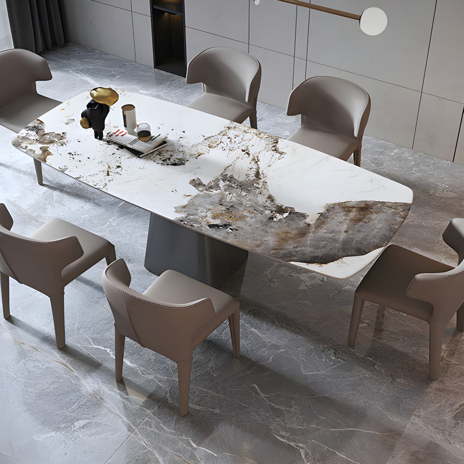 Luxury Sintered Stone Top Dining Table Rectangle White Table with Pedestal - image 10